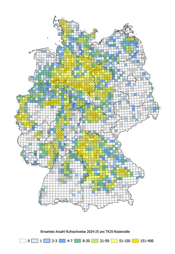 Erwartete Anzahl von Rebhuhn-Rufnachweisen pro TK25-Rasterzelle